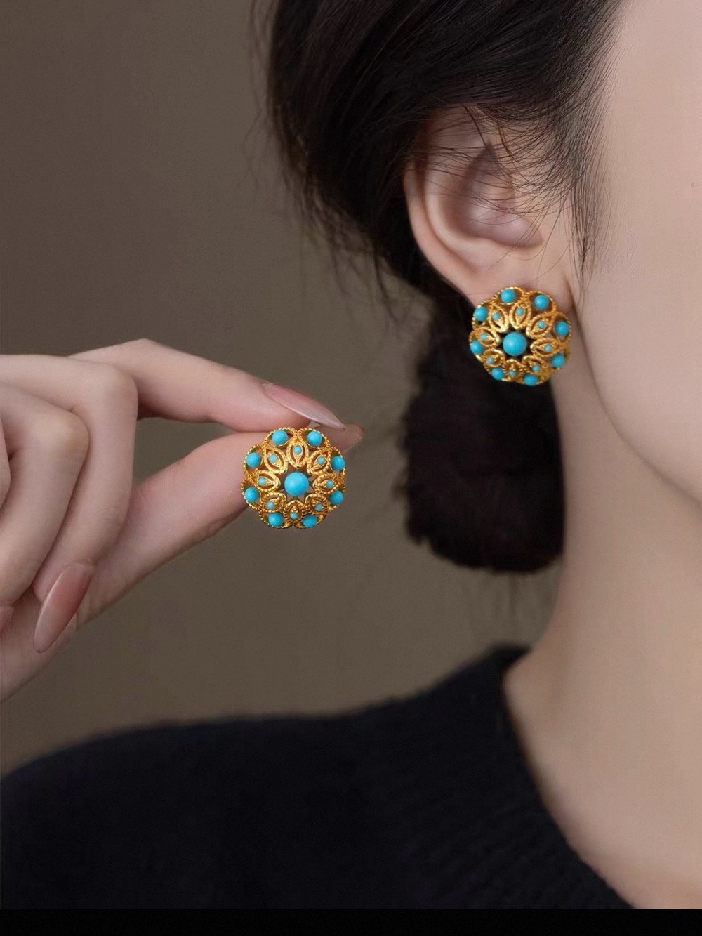 Gold-Tone Turquoise Floral Dome Earrings